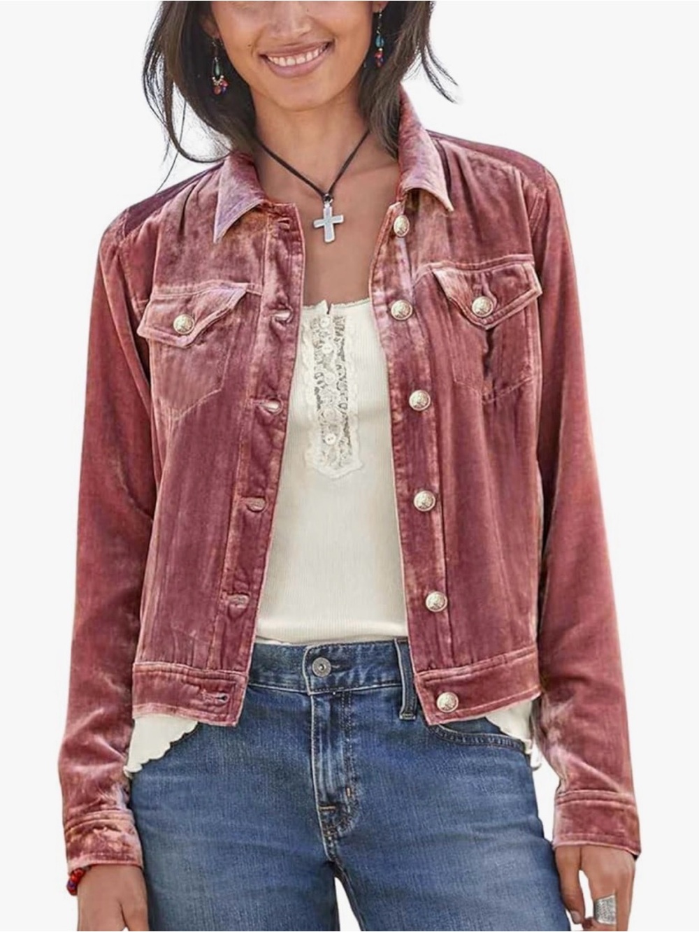 Velvety Button-Front Jacket in Dusty Rose Gold Jean Jacket Style Like New L